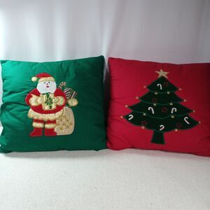 Vtg Pair Portofino Christmas Throw Pillows Santa & Christmas Tree Holiday Decor